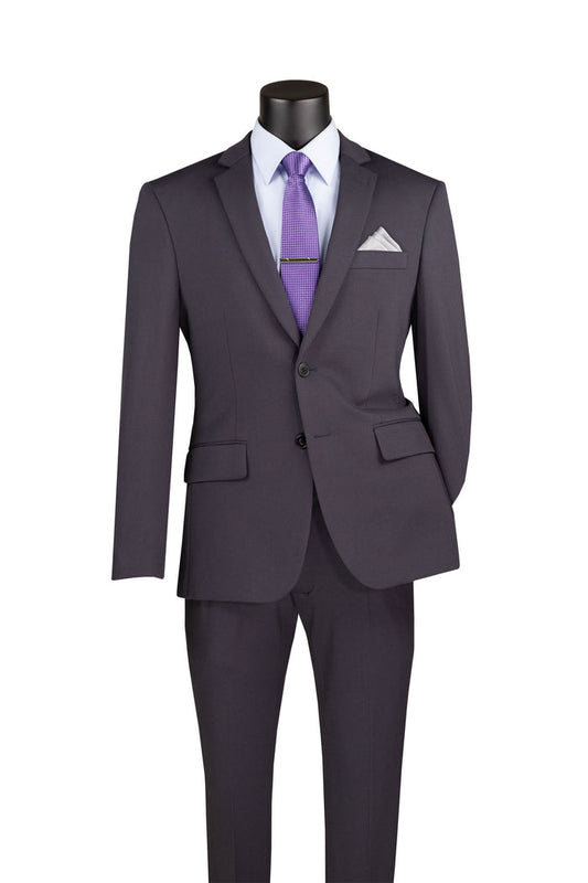 Vinci Suits Slim Fit 2 Piece Suit Stretch Fabric Suit with Adjustable Waistband Charcoal SDX-3 on a mannequin, styled with a light blue shirt, purple patterned tie, silver tie bar, and white pocket square.