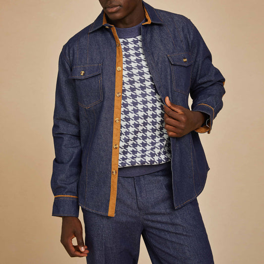A person models the Inserch 2 Pocket Shirt Set SE003A + P003 in Denim Blue by Inserch, standing against a plain beige background.