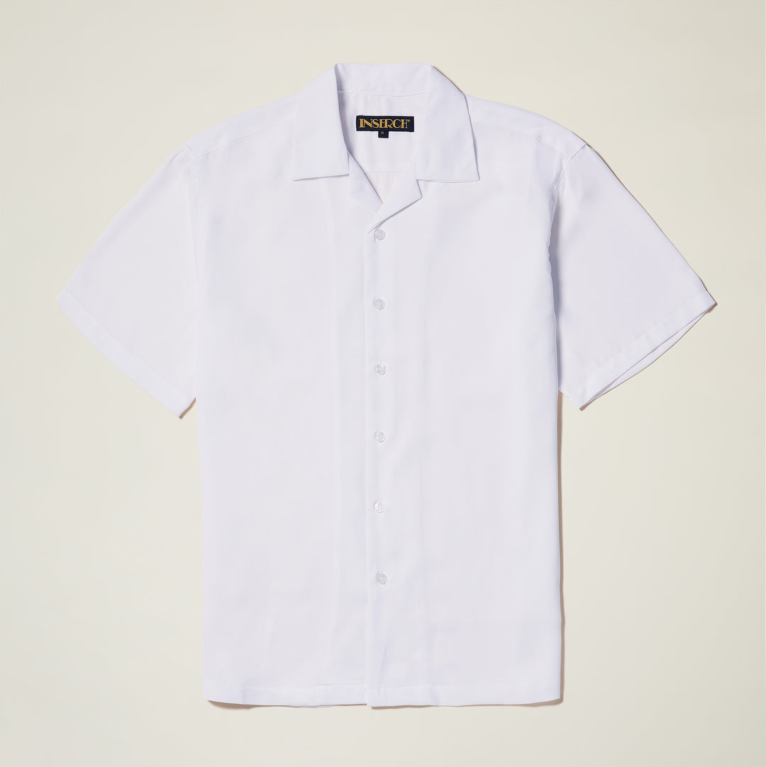 The Inserch Crepe Camp Collar Shirt SE9356-00002 in white by Inserch is displayed flat on a neutral background.