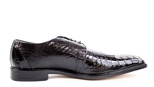 The BELVEDERE Siena Black Dress Shoe (1463) features genuine ostrich leg leather with a textured finish and leather sole, shown in a side view on a white background.