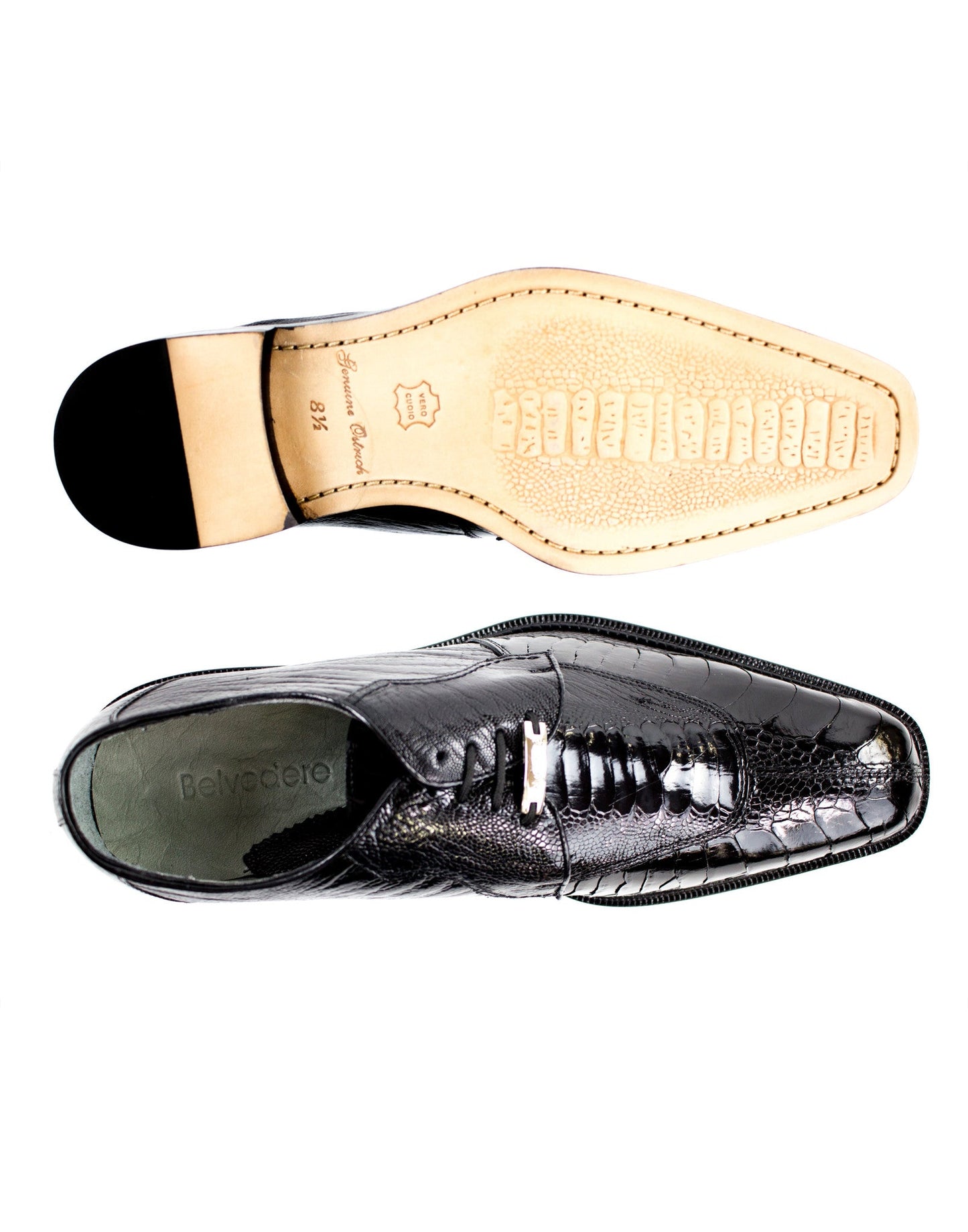 The BELVEDERE Siena Black Dress Shoe (1463) features genuine ostrich leg leather with a textured finish and leather sole, shown in a side view on a white background.