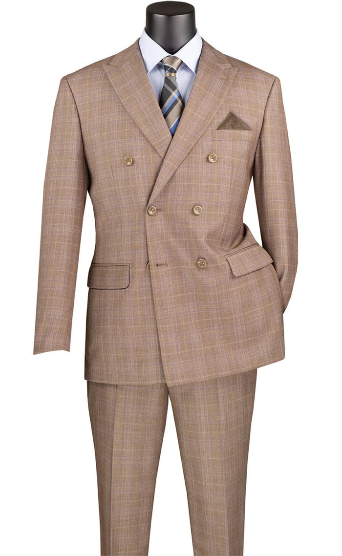 Regular Fit Tan Glen Plaid Double Breasted 2 Piece Suit F-DRW1 by Vinci Suits, styled with gold buttons, blue and brown striped tie, white shirt, and brown pocket square.