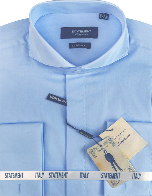 The STATEMENT CLOTHING Cotton Spread Collar Dress Shirt SP-100-BLUE by Statement Clothing is a folded light blue, modern fit shirt with French cuffs, featuring tags "Statement," "Confidence," and "Italy" on the packaging.