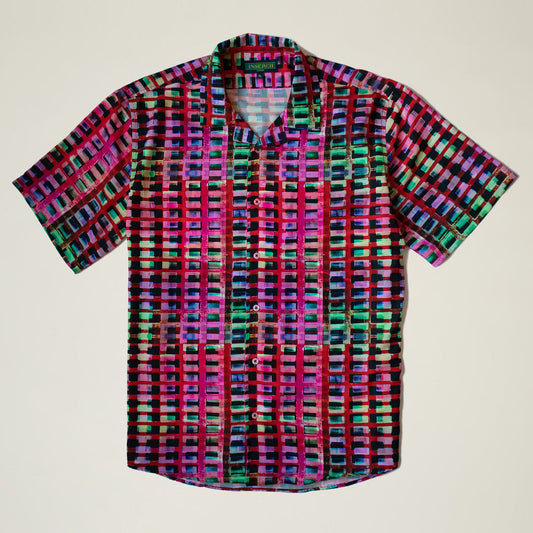 The Inserch SS Geo Print Shirt SS013-00066 Multi is a short-sleeved open collar shirt with a vibrant geometric pattern in pink, green, blue, and black from the brand Inserch.
