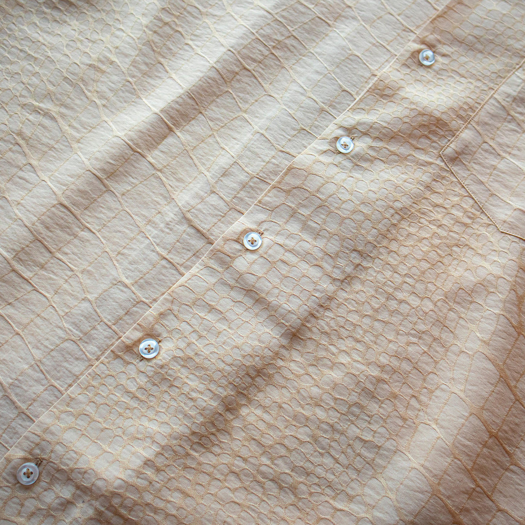 The Inserch SS Alligator Jacquard Shirt (SS014) features a black crocodile skin pattern, short sleeves, and a soft rayon tencel blend. Displayed flat against a light background. Available in 5 colors from Inserch.