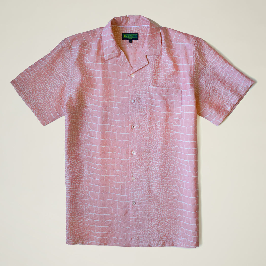 The Inserch SS Alligator Jacquard Shirt (SS014) features a black crocodile skin pattern, short sleeves, and a soft rayon tencel blend. Displayed flat against a light background. Available in 5 colors from Inserch.
