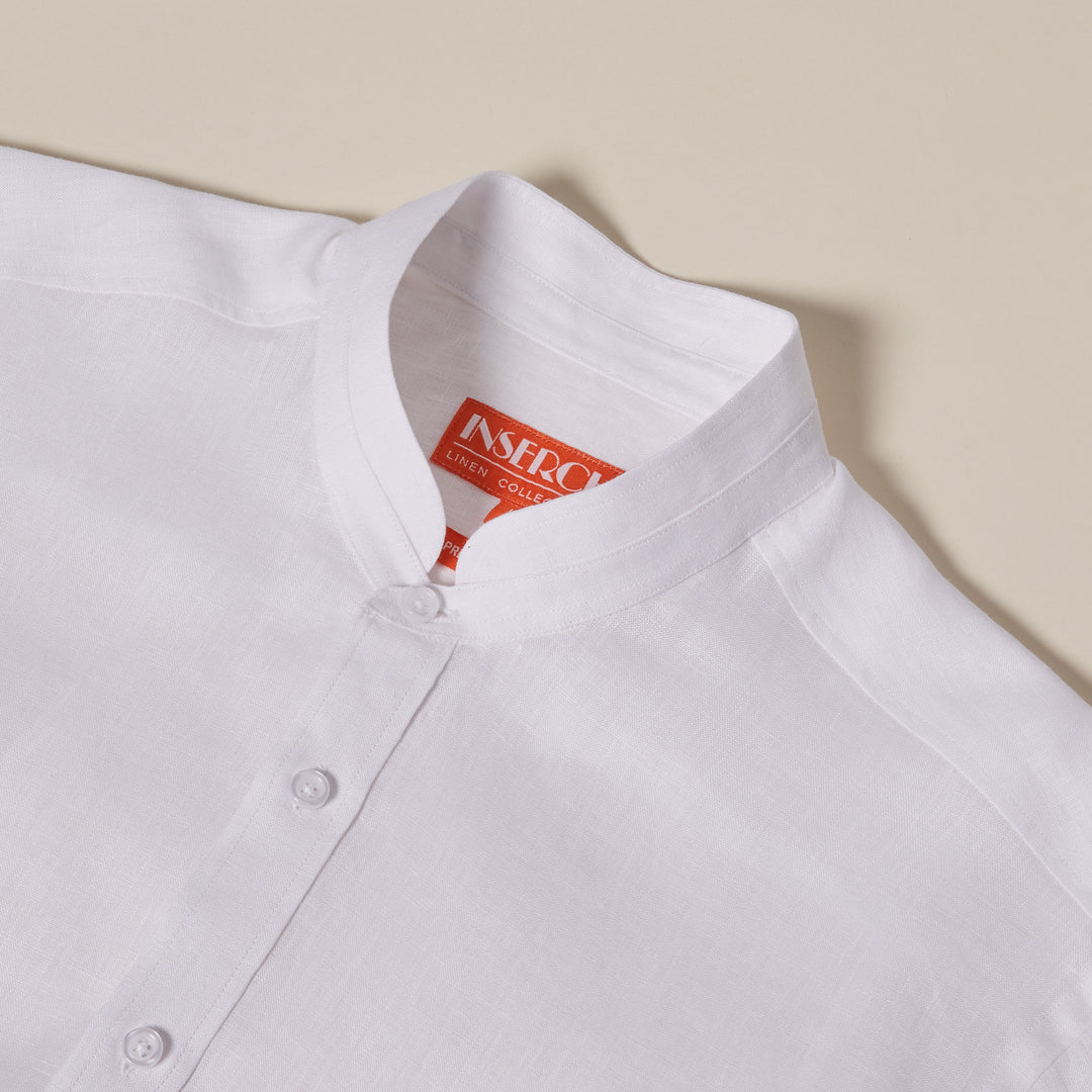 The Inserch Linen 2pc Set (Shirts and Pants) (SS716) White features a white shirt crafted from premium European flax linen with a mandarin collar, button placket, and a visible red label inside the collar, by Inserch.