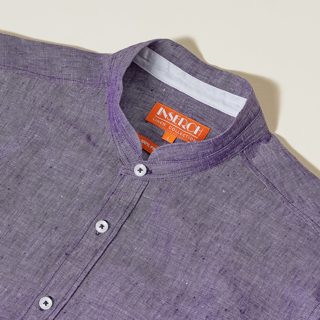 The Inserch SS Linen Shirt SS716-00126 in purple features European flax linen, a band collar, white buttons, and an orange Inserch label inside the collar.