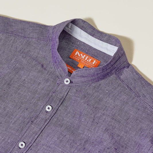The Inserch SS Linen Shirt SS716-00126 in purple features European flax linen, a band collar, white buttons, and an orange Inserch label inside the collar.