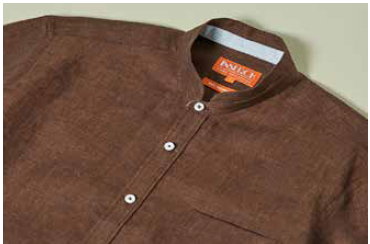 The Inserch SS Banded Collar Linen Shirt SS716-00024 Chocolate, a premium flax linen shirt with a mandarin collar, pearlized buttons, and a front pocket, lies flat on the surface.
