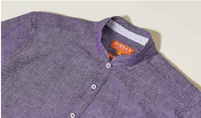 The Inserch SS Banded Collar Linen Shirt SS716-00126 in purple features a banded mandarin collar, pearlized buttons for elegance, and showcases the Inserch label inside the collar, all set against a light background.