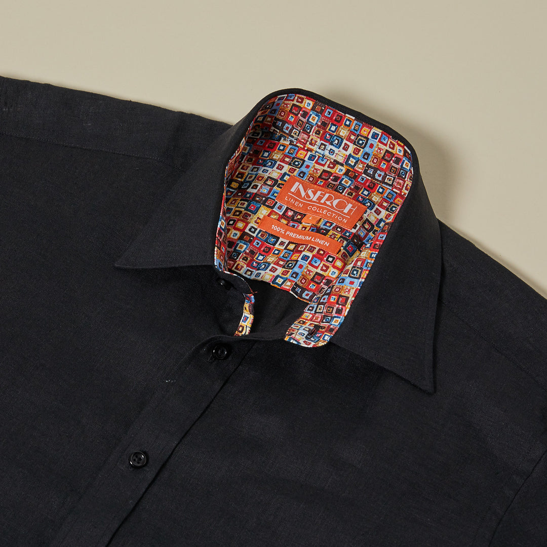 The Inserch Linen 2pc Set (SS717) in black includes a premium linen shirt with colorful geometric collar lining and an orange "In Search Collection" label, plus matching pants.