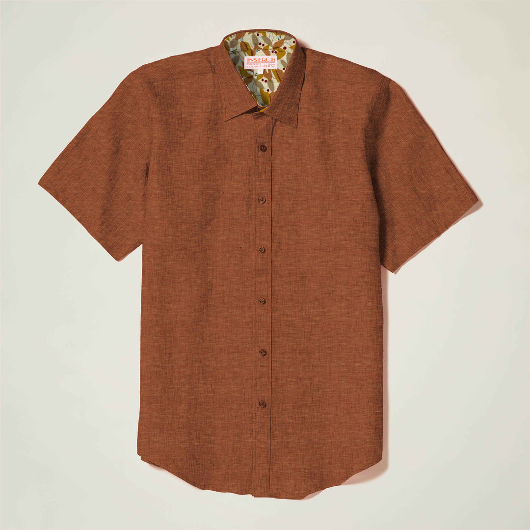 Inserch SS Linen Shirt SS717-00035 Rust features a rust brown color with short sleeves and an inner collar with a light, cotton floral pattern.