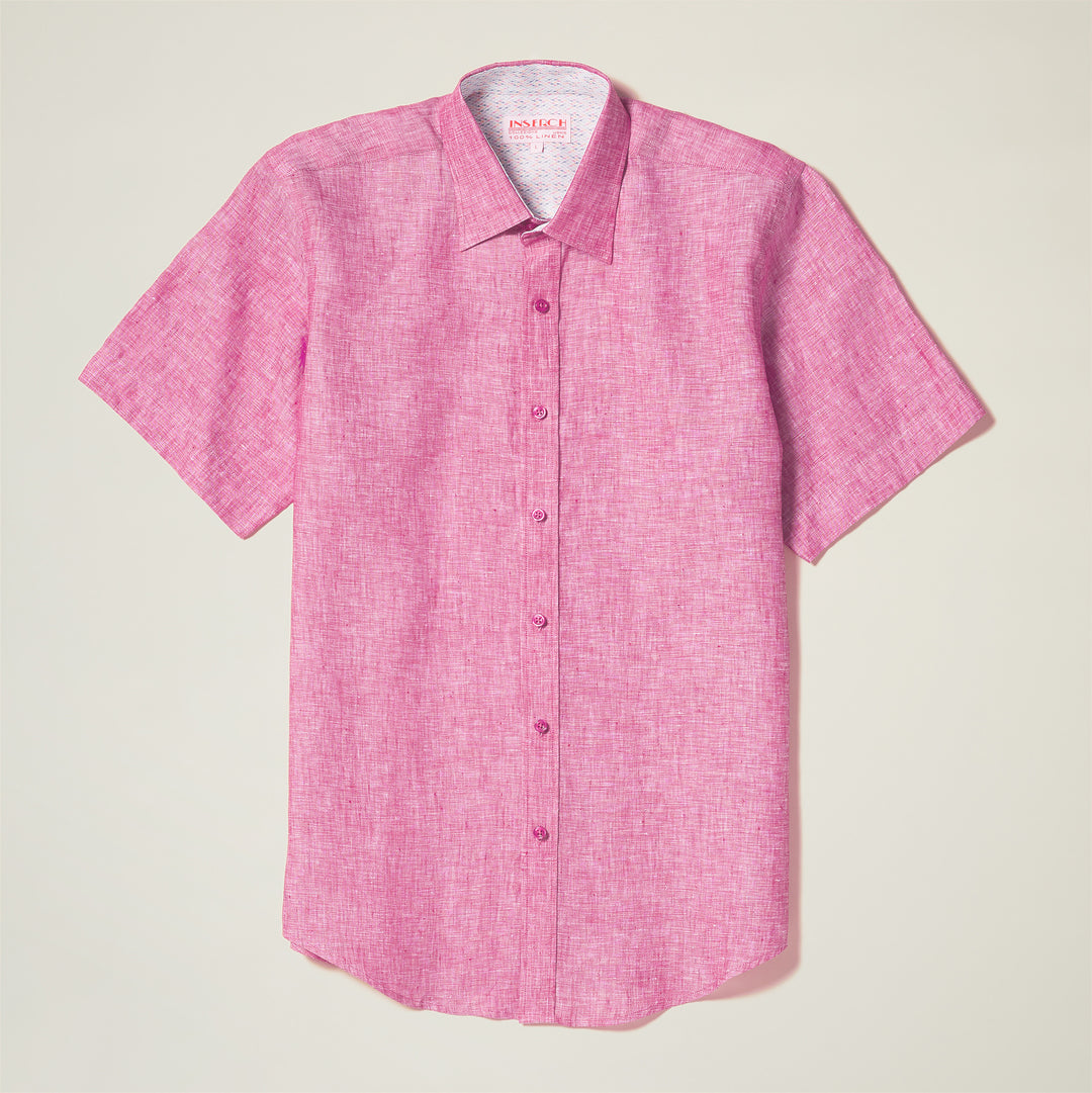 The Inserch SS Linen Shirt SS717-00057 in Summer Pink features short sleeves, a button-up design, and subtle floral print trim against a plain background.