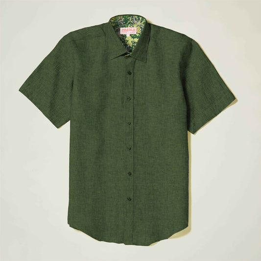 The Inserch Linen 2pc Set (SS717) in Emerald includes a short-sleeve, button-up shirt with collar; the inside collar has a colorful tropical pattern and visible label. Displayed flat on a light background. Brand: Inserch.