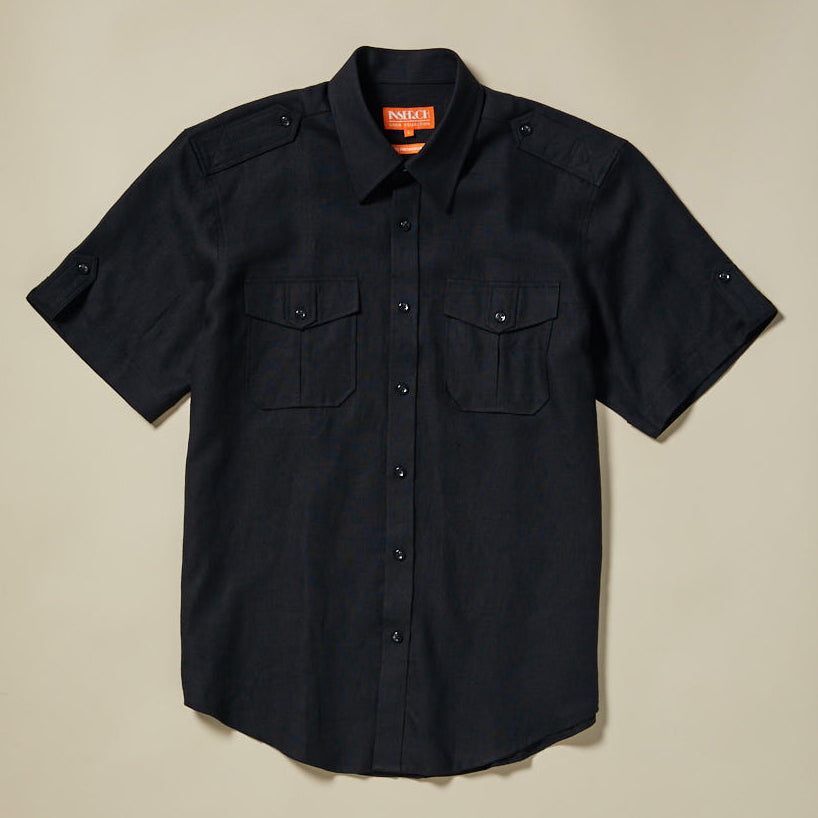 The Inserch Linen 2pc Set (SS718) in black features a premium European flax linen short-sleeve button-up shirt with two chest pockets and shoulder epaulets, displayed flat on a neutral background.