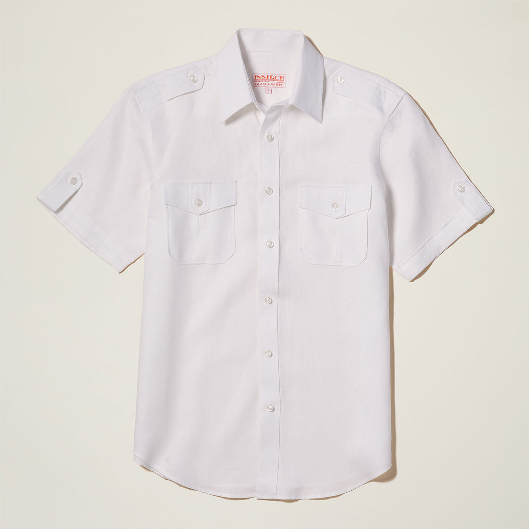 Inserch SS Linen Military Shirt (SS718-00002) in white, by Inserch, features a military style with two chest pockets and buttoned shoulders, displayed against a plain background.