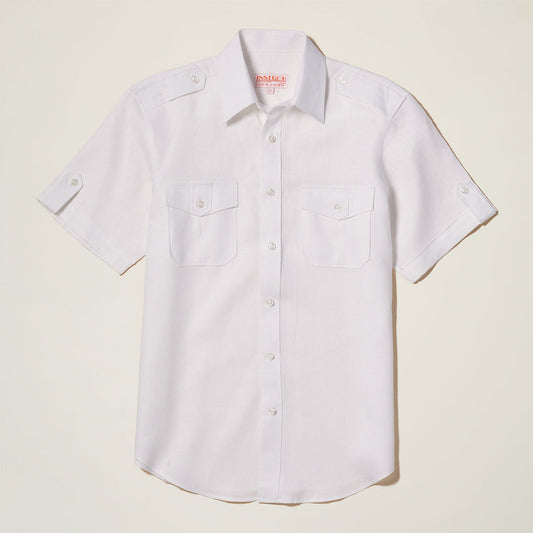 The Inserch Linen 2pc Set (SS718) in white features a short-sleeve button-up shirt crafted from premium European flax linen, with two front chest pockets with buttoned flaps, displayed on a plain background.
