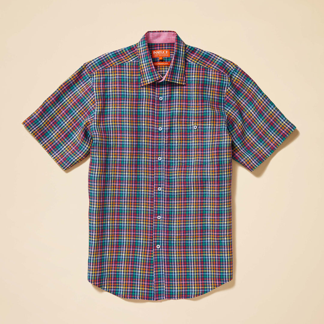 The Inserch SS Linen Gingham Shirt (SS7917-00066 Multi) features short sleeves and a multicolored plaid pattern on a beige backdrop, crafted from premium European linen.