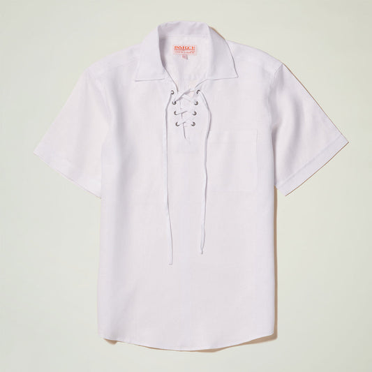The Inserch SS Linen Lace Front Pullover Shirt (SS811-00002) in white features short sleeves, a lace-up V-neck collar, and a single chest pocket, shown laid flat on a light background.