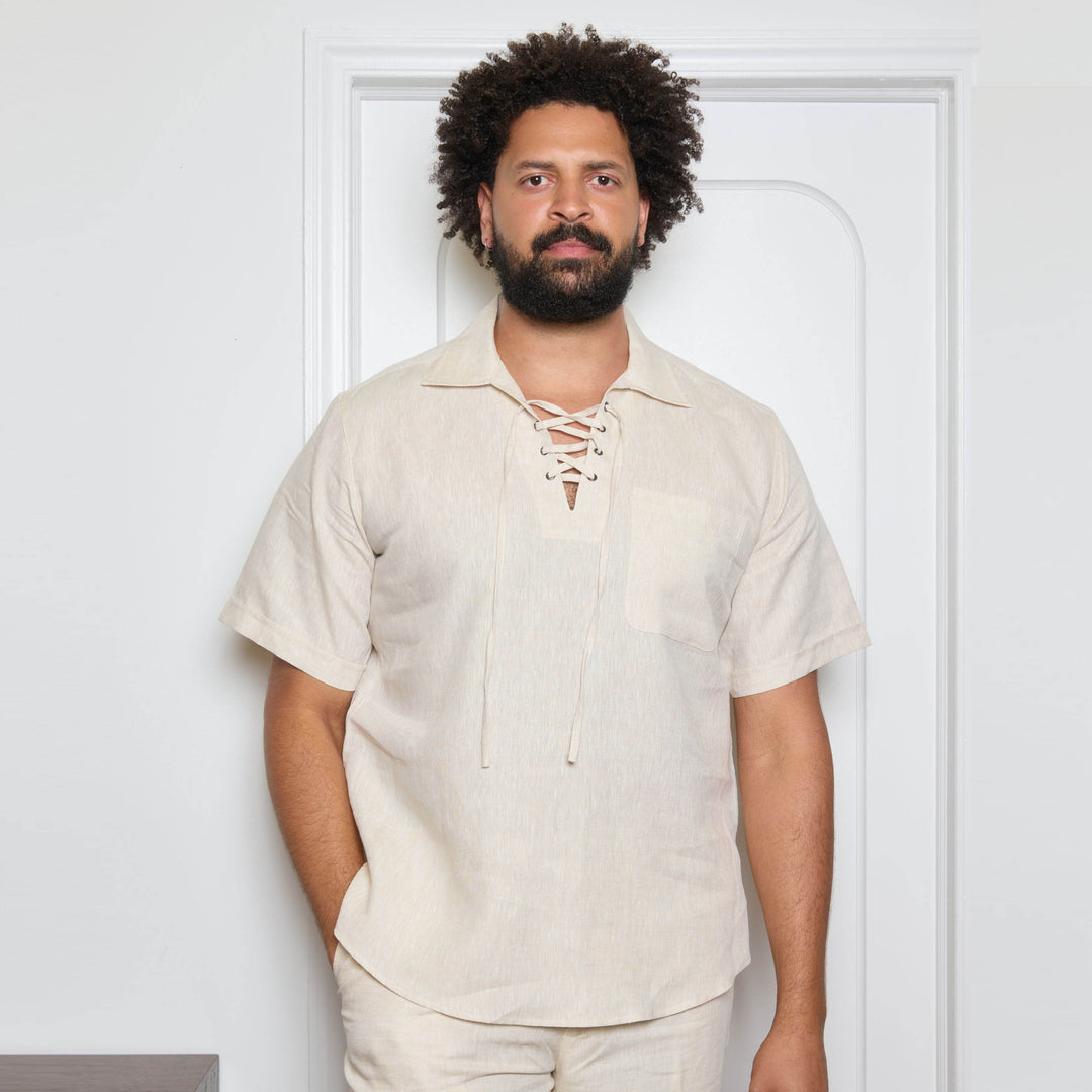 The Inserch SS Linen Lace Front Pullover Shirt (SS811-00006 Oatmeal) is a beige European flax linen shirt with a lace-up v-neck, collar, and red "Inserch Linen Collection" label inside.