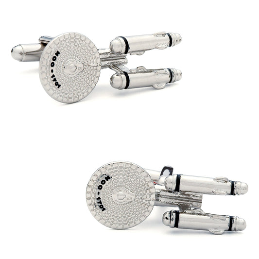 Star Trek Starship Enterprise Cufflinks by Cufflinks.com—silver accessories shaped like the USS Enterprise, shown from multiple angles on a white background. A must-have for any Star Trek fan.