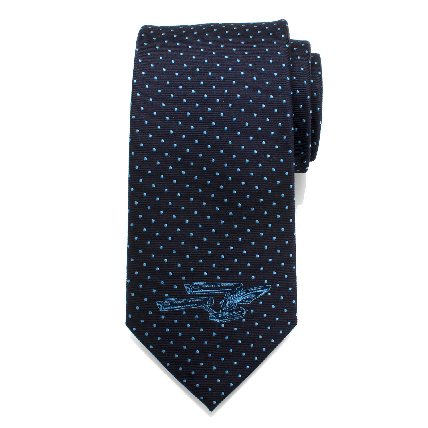 The Star Trek Enterprise Dot Blue Men's Tie by Cufflinks.com features a navy silk design with light blue polka dots and the USS Enterprise, perfect for fans.