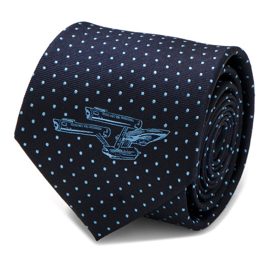 The Star Trek Enterprise Dot Blue Men's Tie by Cufflinks.com features a navy silk design with light blue polka dots and the USS Enterprise, perfect for fans.