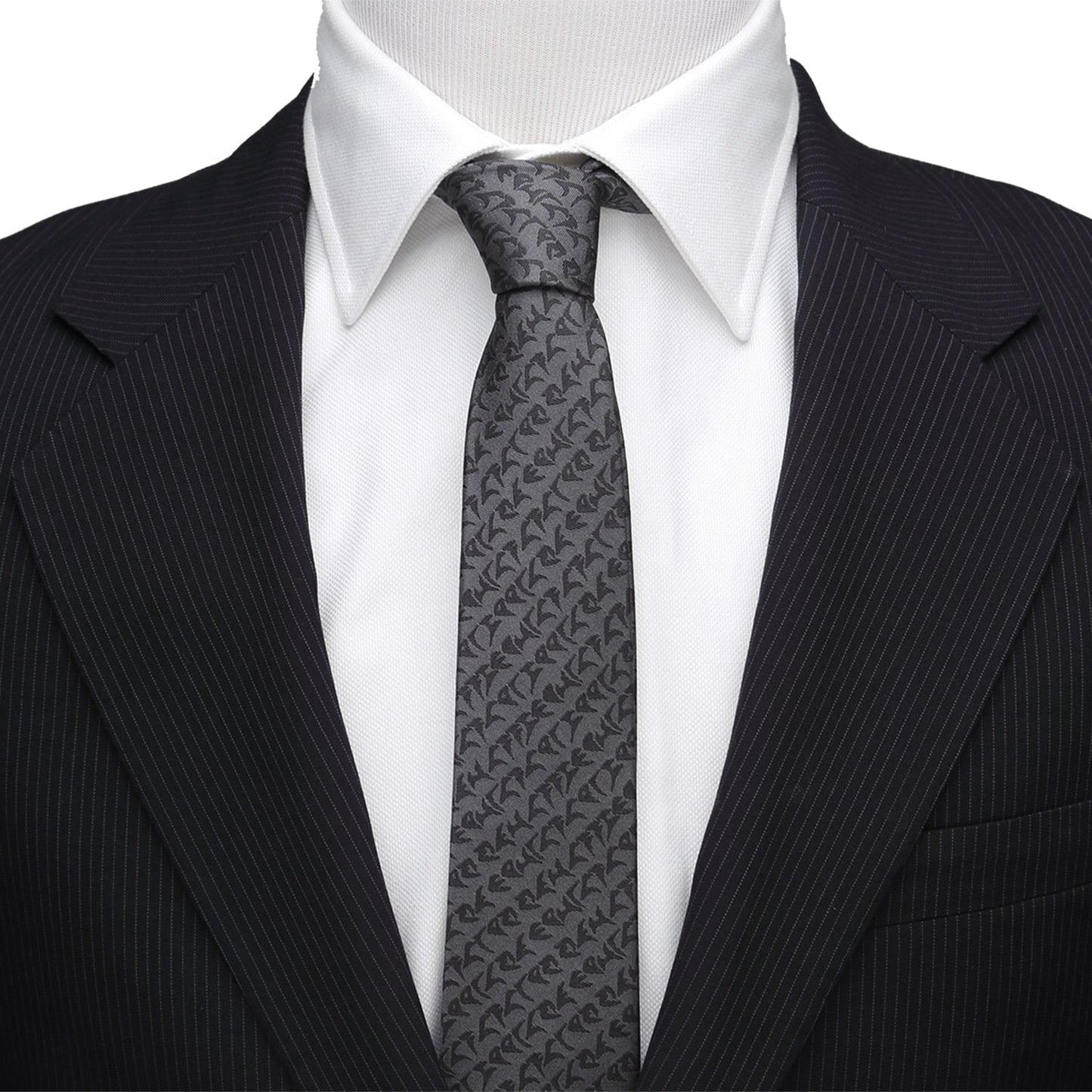 The Cufflinks.com Star Trek Klingon Gray Men's Tie showcases a repeating black symbol pattern and a bold red Klingon emblem at the tip—perfect for any Star Trek collection.