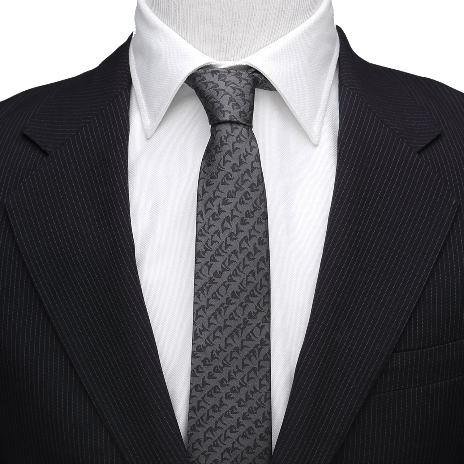 The Cufflinks.com Star Trek Klingon Gray Men's Tie showcases a repeating black symbol pattern and a bold red Klingon emblem at the tip—perfect for any Star Trek collection.