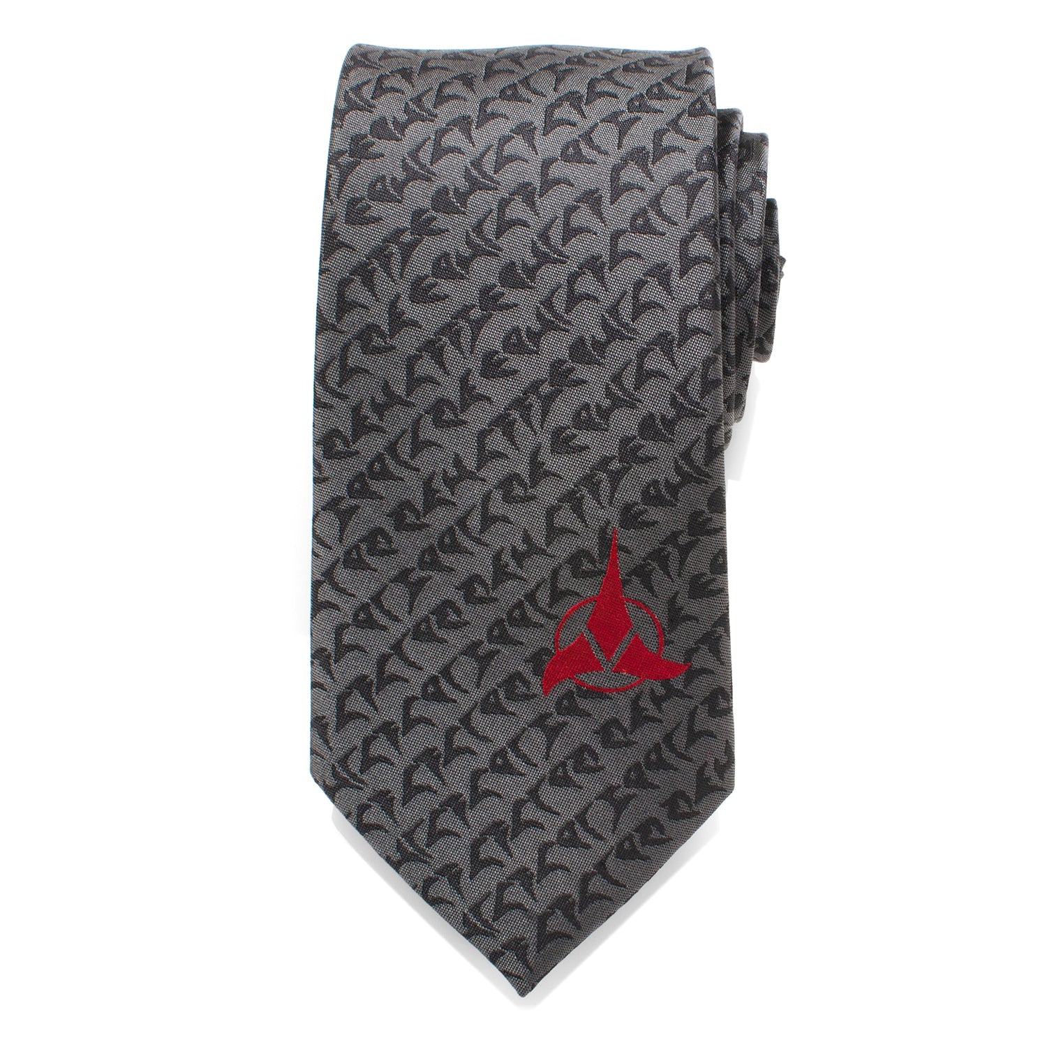 The Cufflinks.com Star Trek Klingon Gray Men's Tie showcases a repeating black symbol pattern and a bold red Klingon emblem at the tip—perfect for any Star Trek collection.