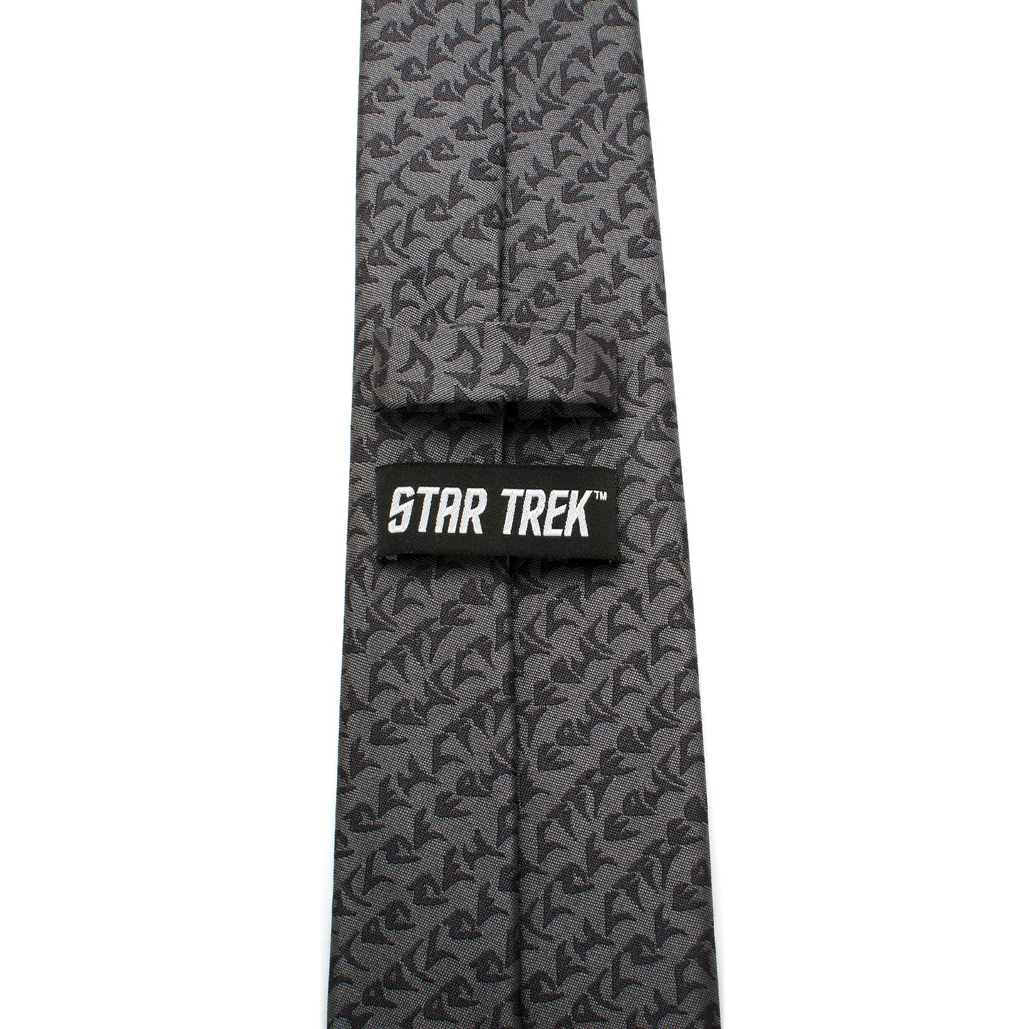 The Cufflinks.com Star Trek Klingon Gray Men's Tie showcases a repeating black symbol pattern and a bold red Klingon emblem at the tip—perfect for any Star Trek collection.
