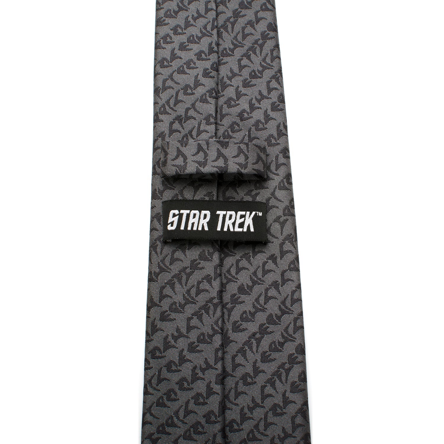 The Cufflinks.com Star Trek Klingon Gray Men's Tie showcases a repeating black symbol pattern and a bold red Klingon emblem at the tip—perfect for any Star Trek collection.