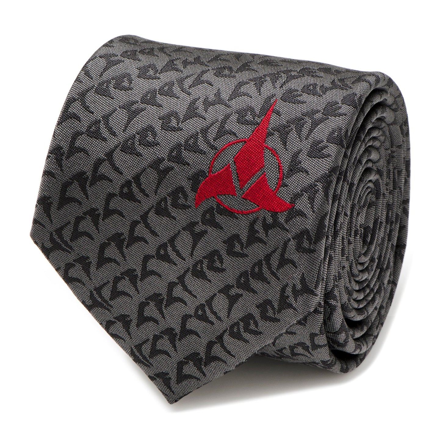 A person wearing a black pinstripe suit, white dress shirt, and a Cufflinks.com Star Trek Klingon Gray Men's Tie.