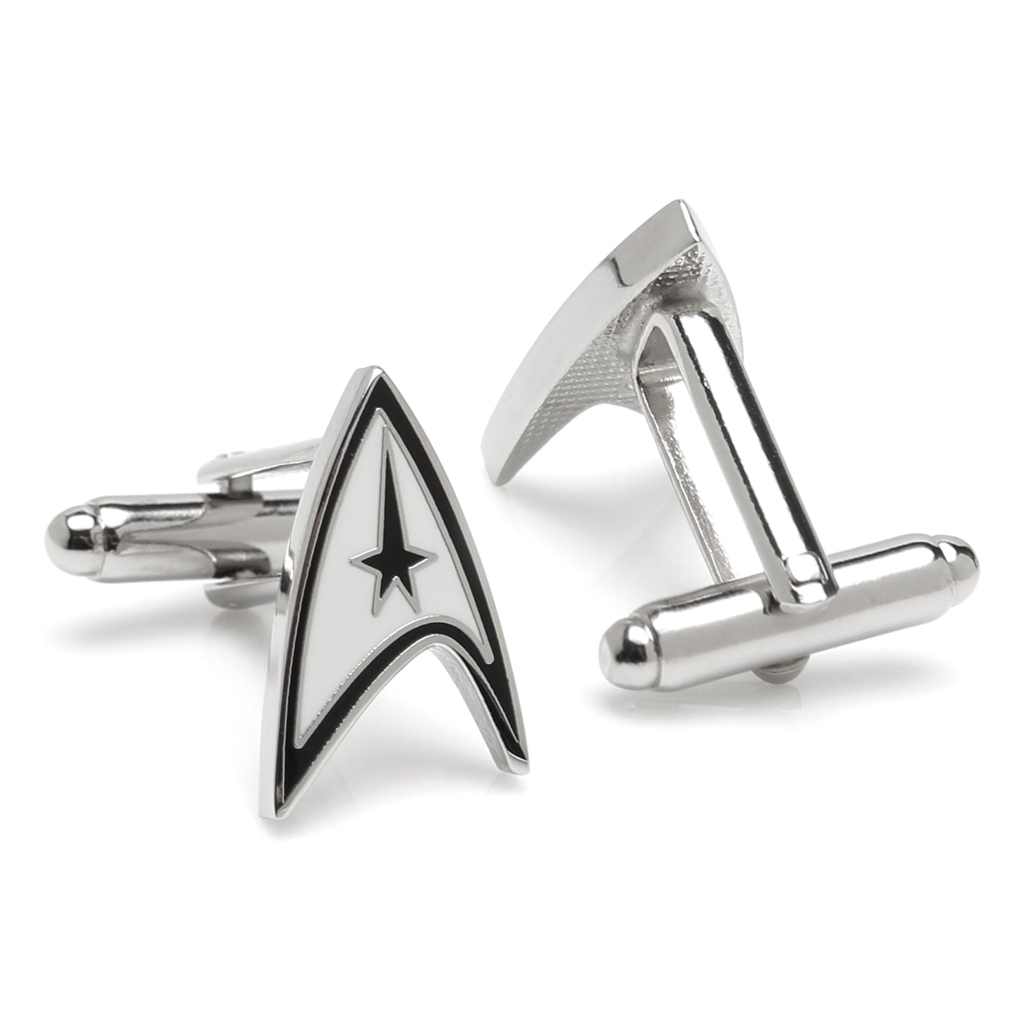 Star Trek Officially Licensed Cufflinks by Cufflinks.com feature a silver Starfleet communicator badge with a black star and outline—perfect for fans seeking stylish Star Trek accessories.