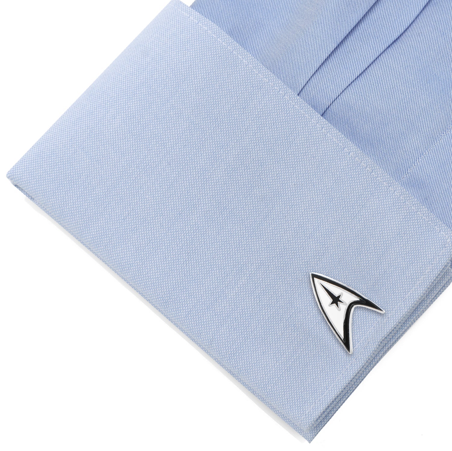 Star Trek Officially Licensed Cufflinks by Cufflinks.com feature a silver Starfleet communicator badge with a black star and outline—perfect for fans seeking stylish Star Trek accessories.