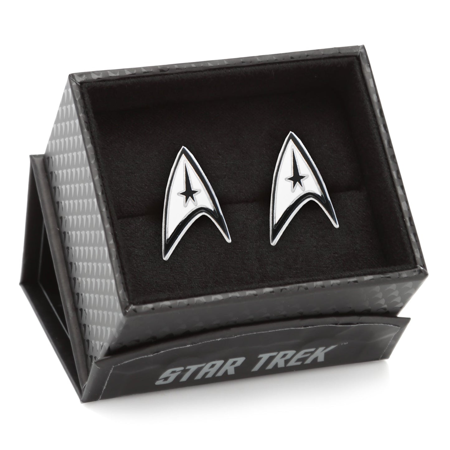 Star Trek Officially Licensed Cufflinks by Cufflinks.com feature a silver Starfleet communicator badge with a black star and outline—perfect for fans seeking stylish Star Trek accessories.