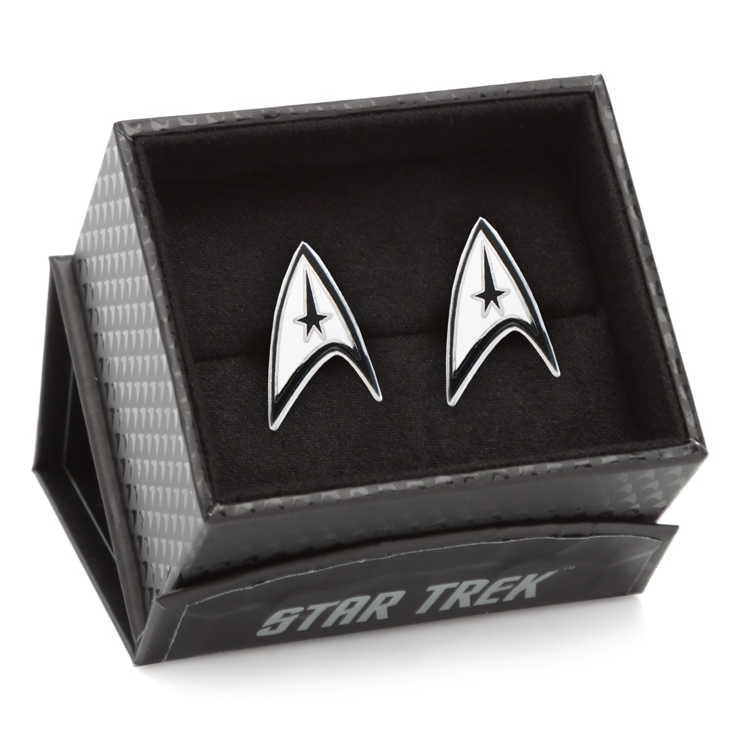 Star Trek Officially Licensed Cufflinks by Cufflinks.com feature a silver Starfleet communicator badge with a black star and outline—perfect for fans seeking stylish Star Trek accessories.