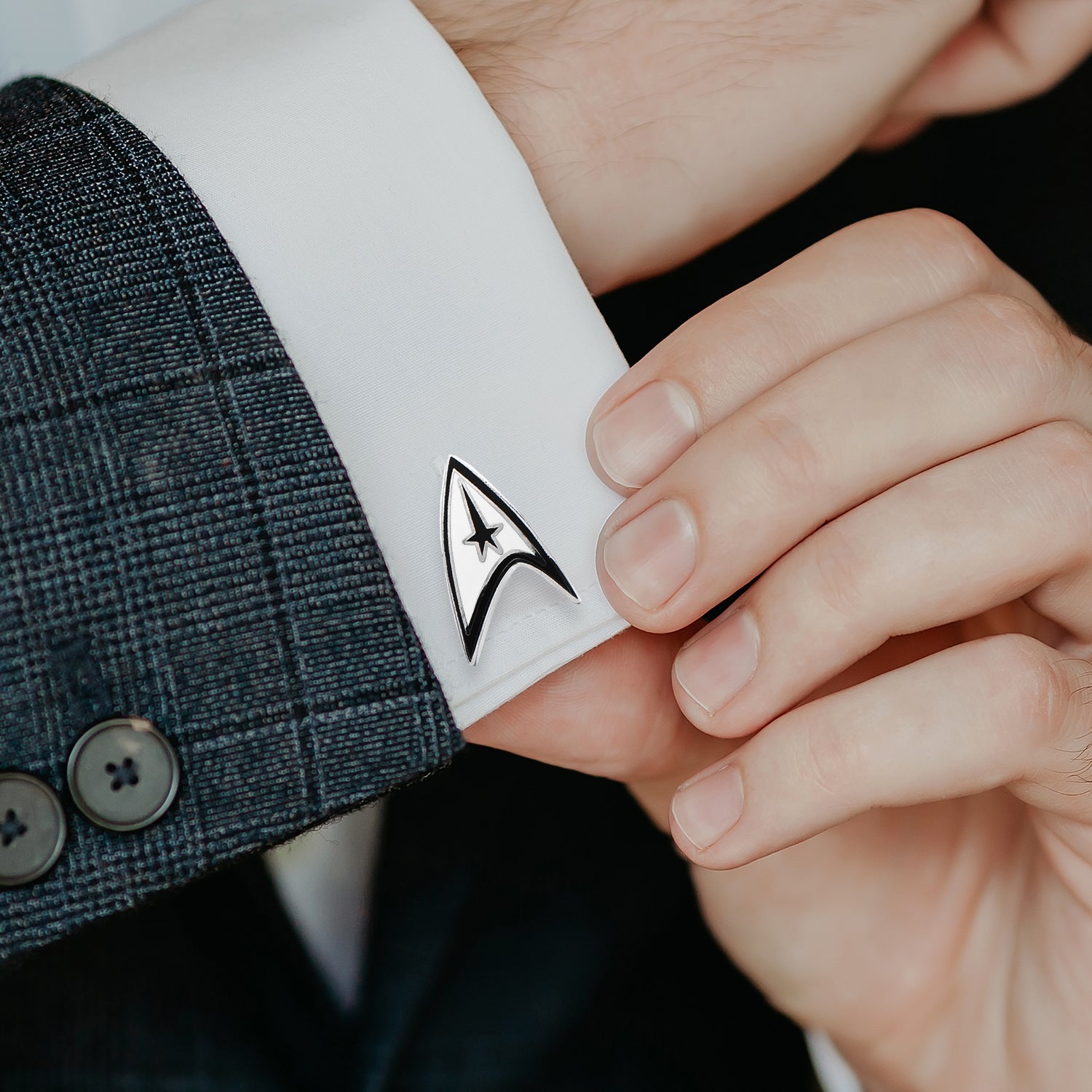 Star Trek Officially Licensed Cufflinks by Cufflinks.com feature a silver Starfleet communicator badge with a black star and outline—perfect for fans seeking stylish Star Trek accessories.