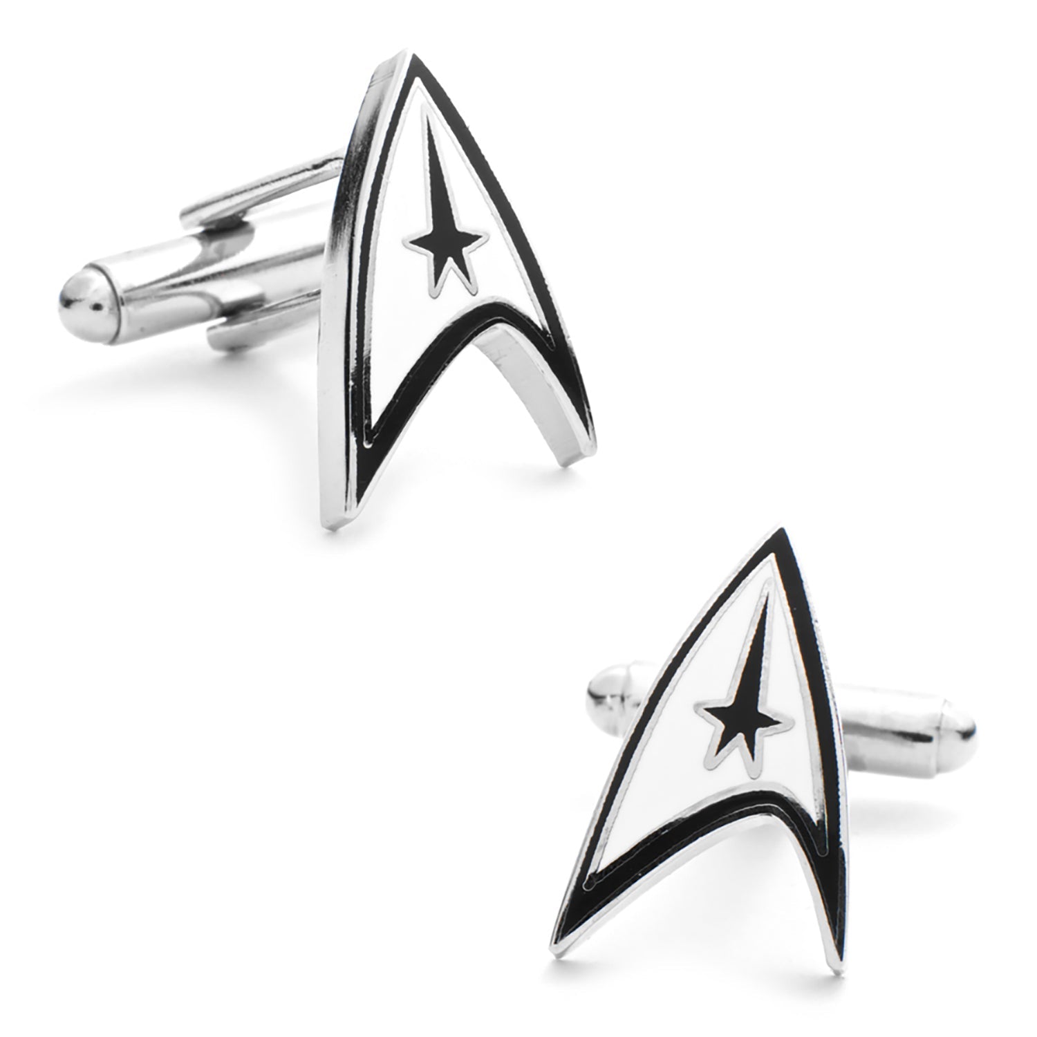 Star Trek Officially Licensed Cufflinks by Cufflinks.com feature a silver Starfleet communicator badge with a black star and outline—perfect for fans seeking stylish Star Trek accessories.