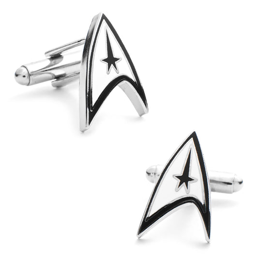 Star Trek Officially Licensed Cufflinks by Cufflinks.com feature a silver Starfleet communicator badge with a black star and outline—perfect for fans seeking stylish Star Trek accessories.