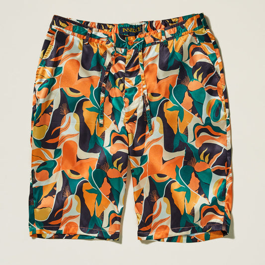 Inserch Tropics Print Shorts ST050-00029 Orange: men's regular fit shorts with a vibrant tropical print in orange, green, blue, yellow, and black florals, plus elastic waistband and drawstring for comfort. Brand: Inserch.