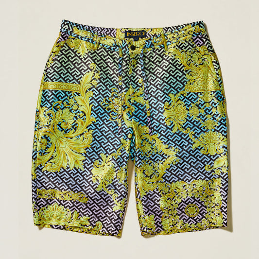 The Inserch Grecian Print Shorts ST053-00066 Multi by Inserch feature a regular fit and drawstring waist, showcasing a bold yellow and gold baroque Grecian print over a blue and black geometric background.