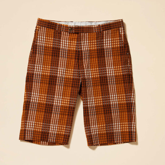The Inserch Seersucker Gingham Shorts ST272-00027 Aztec are brown and white plaid shorts featuring belt loops and a front button closure, crafted from premium cotton seersucker and displayed against a plain background.