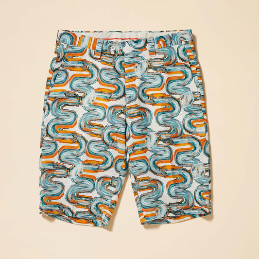 The Inserch Optic Wave Linen Shorts (ST916-00183 Blue Mist) feature premium flax linen with an abstract swirl design in blue, orange, and white on a light background, offering a modern fit.