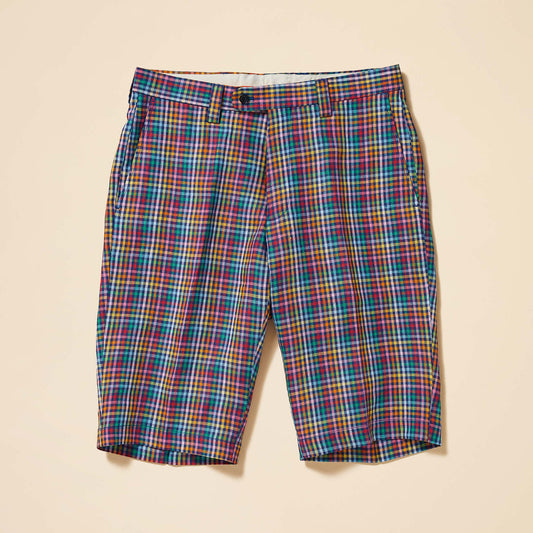 Inserch's Linen Gingham Shorts ST917-00066 Multi offer a modern fit with plaid patterns in red, blue, green, and yellow on beige flax linen.