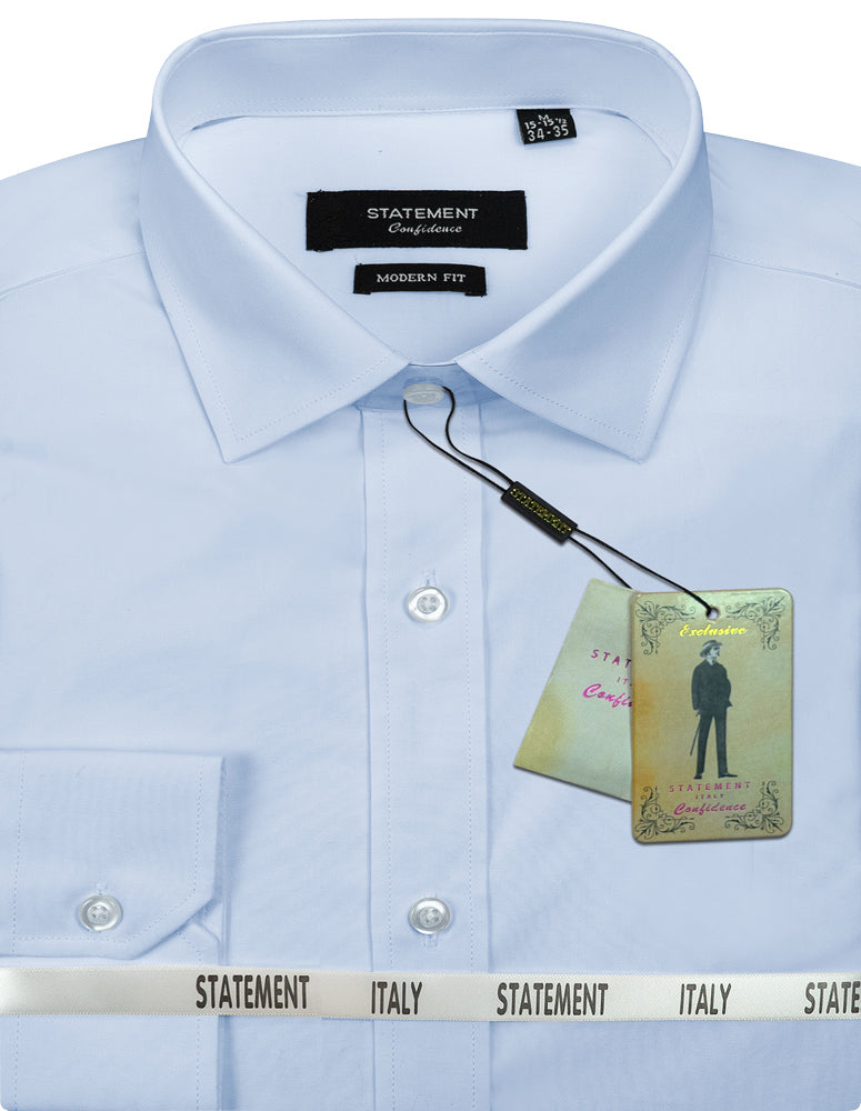 Men's sky blue dress shirt with tags, featuring a foldable collar and buttoned cuffs. This "Basic Cotton Dress Shirt STA-100-SKY" by Statement Clothing embodies both style and elegance while proudly labeled with a modern fit design from Italy.