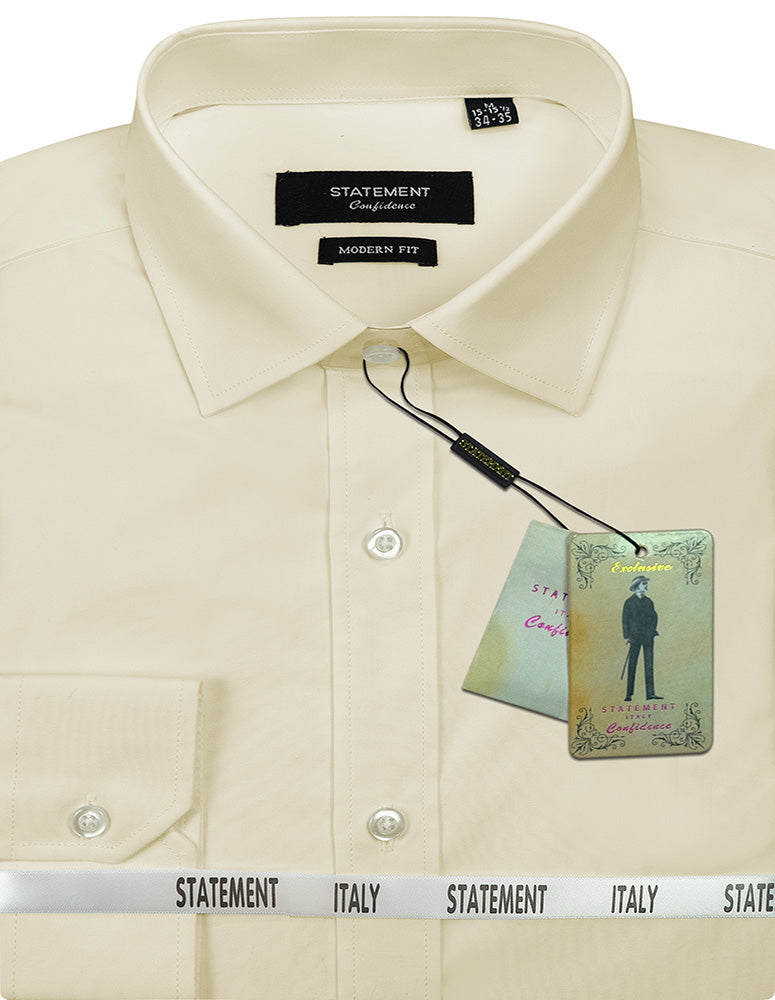 Crafted from 100% cotton, the cream-colored men's dress shirt from Statement Clothing is elegantly displayed with tags and features labels such as "Statement Confidence" and "Modern Fit," along with a distinctive "Statement Italy" ribbon encircling the garment. Officially known as the BASIC COTTON DRESS SHIRT STA-100-CREAM by Statement Clothing.