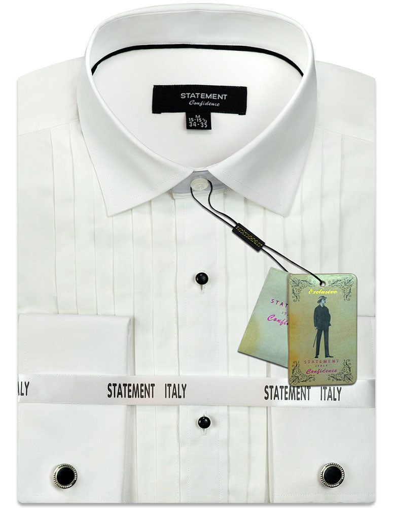 The STATEMENT CLOTHING | COTTON WHITE TUXEDO DRESS SHIRT STX-100-WHITE from Statement Clothing is a white cotton tuxedo shirt with a pleated front, carefully folded and packaged. It features a collar, stud buttons, and cufflinks. The label reads "Statement Confidence," while the tag shows a silhouette in modern fit.