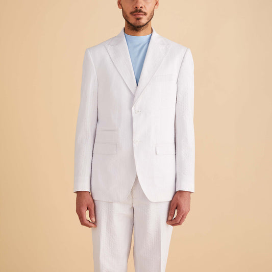 A person is wearing the Inserch Seersucker Stripe Blazer in Kiwi and a light blue shirt, standing against a plain beige background.